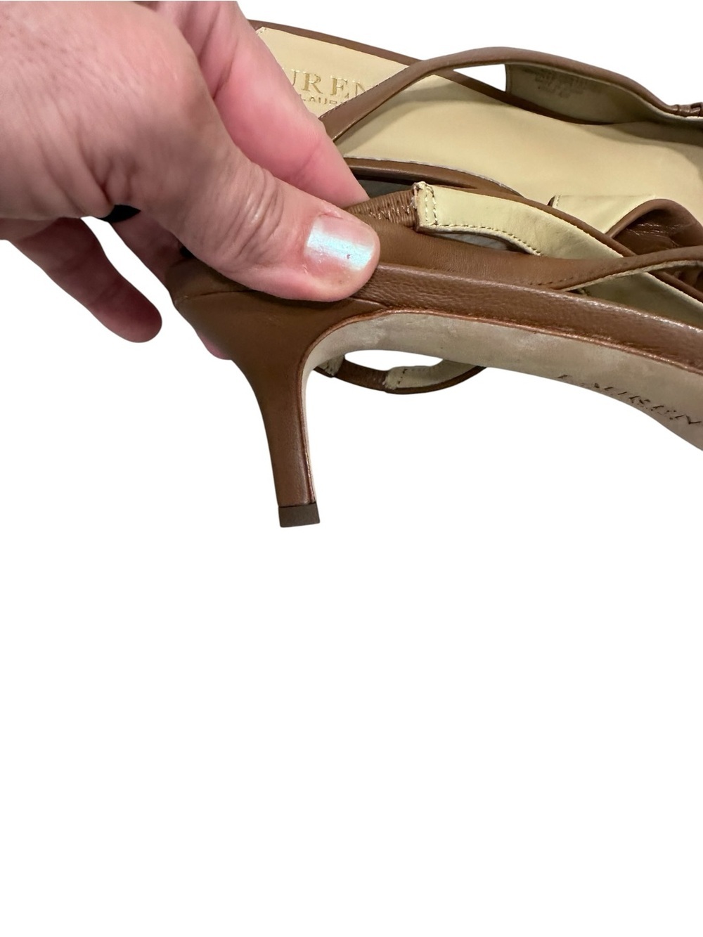 Lauren Ralph Lauren Lolah Tan Leather sling-back Kitten Heels Shoes New Sz 11 - Picture 4 of 9
